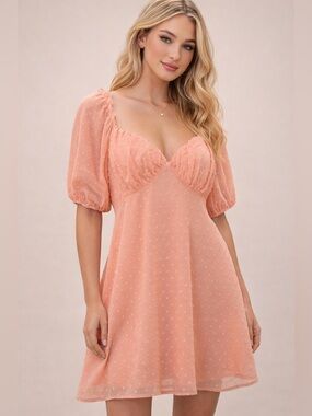 Missguided Peach Swiss Dot Puff Sleeve Mini Dress Size 6 Romantic A-Line